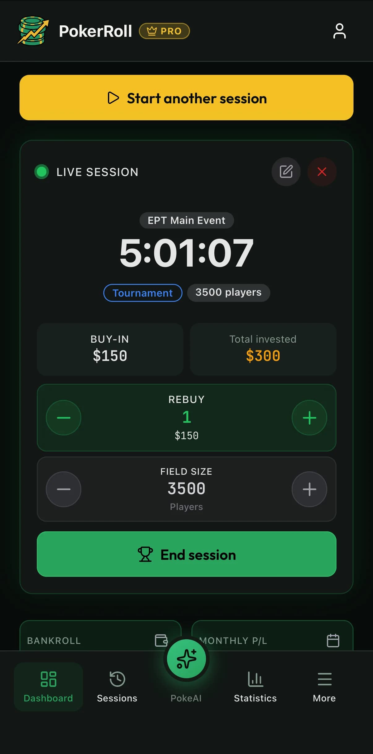 Live-Turnier-Session in PokerRoll auf dem iPhone mit laufendem Timer, Buy-in, einem Rebuy, insgesamt eingesetztem Betrag und Feldgröße