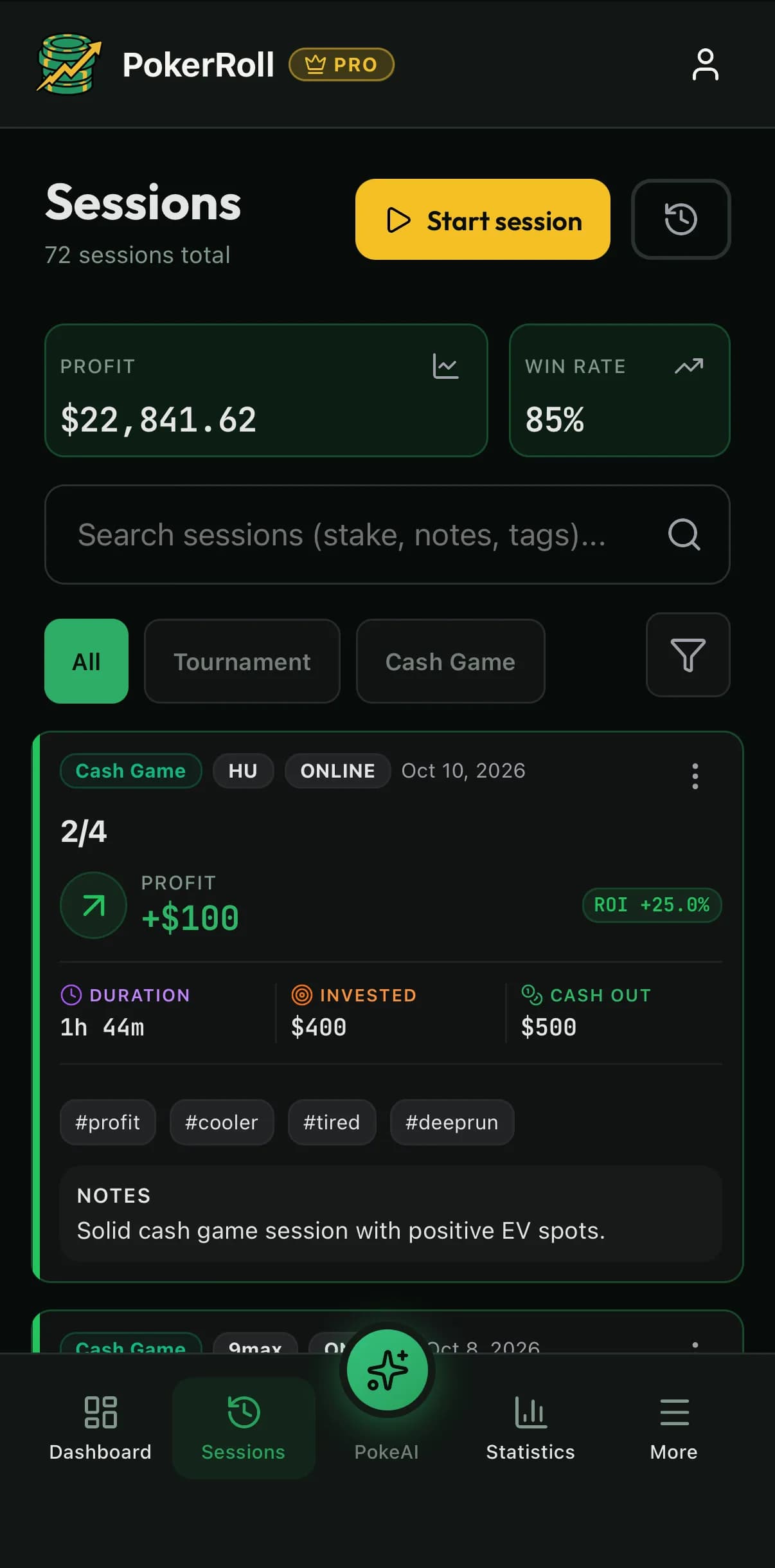 Session-Liste in PokerRoll auf dem iPhone mit einer Cash-Game-Session samt Gewinn, Dauer, Buy-in und Cash-out
